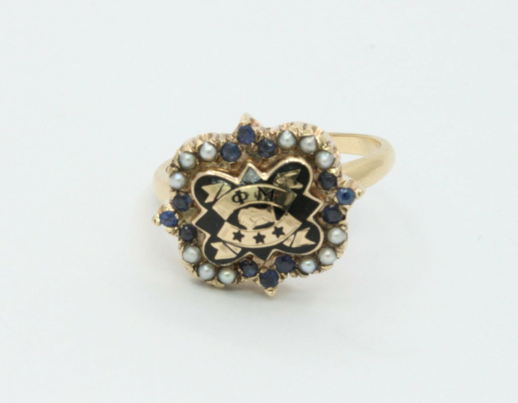 Vintage 14K Yellow Gold Phi Mu Badge Sorority Sapphire Seed Pearl Ring
