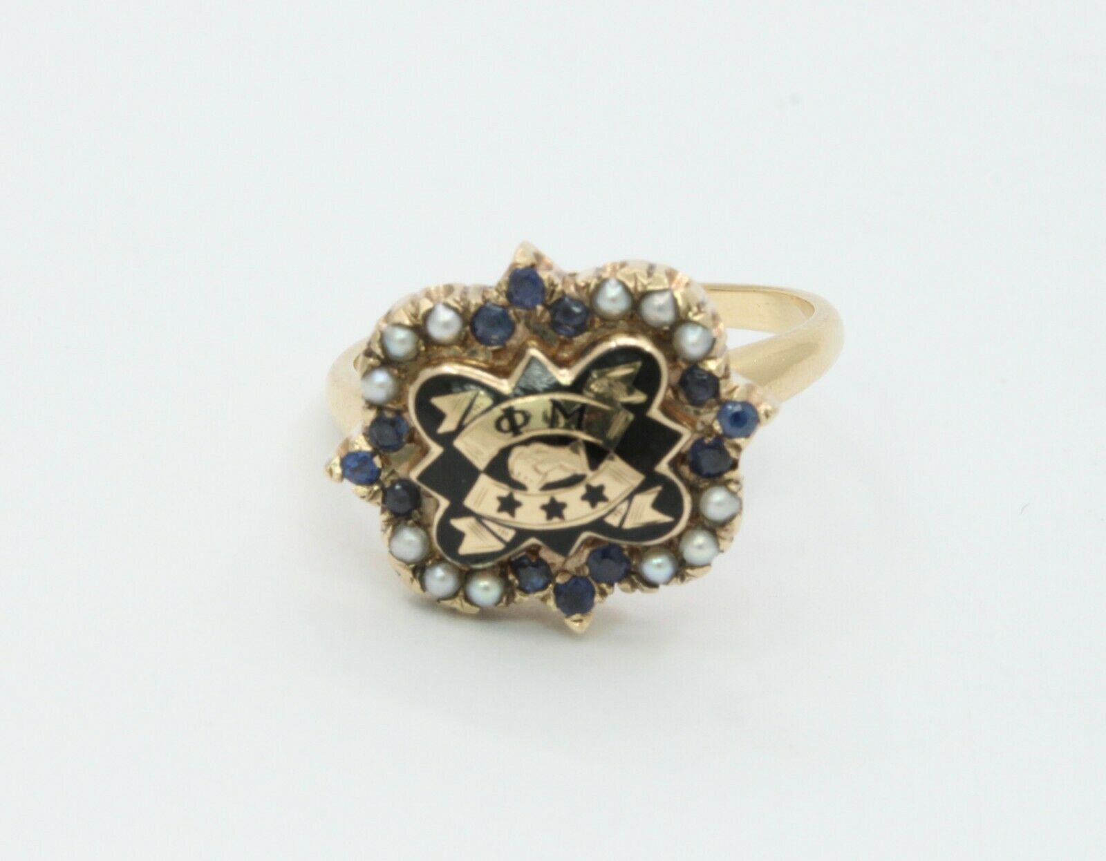 Vintage 14K Yellow Gold Phi Mu Badge Sorority Sapphire Seed Pearl Ring