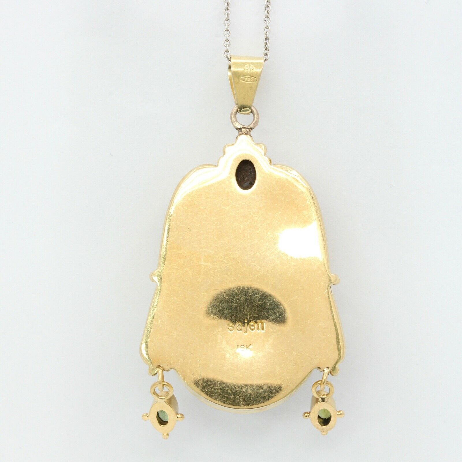 Vintage 18K Yellow Gold Sajen Goddess Face Mother of Pearl Opal Amethyst Peridot