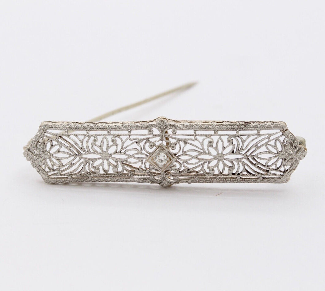 Art Deco 14K White Gold Diamond Bar Pin Brooch