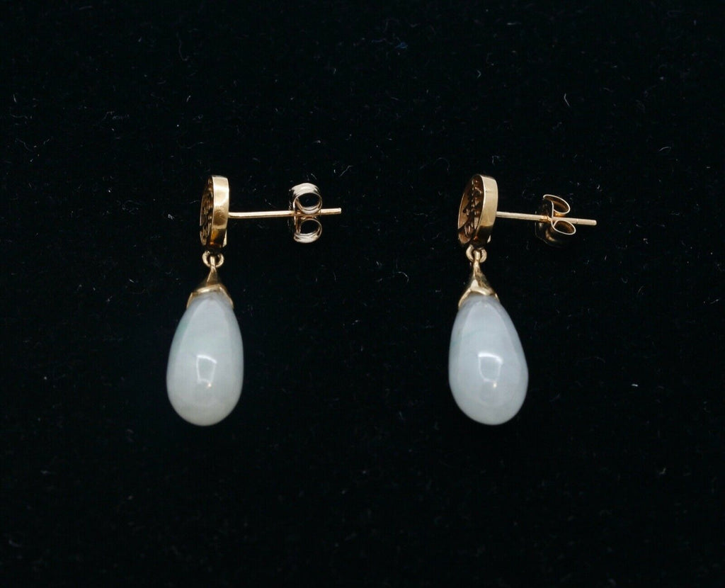 Vintage Ladies 14K Yellow Gold Jade Long Life Teardrop Earrings