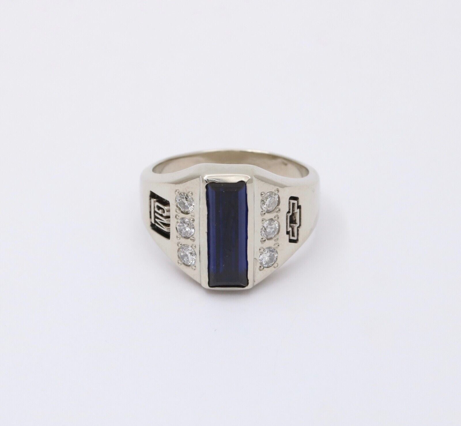 Vintage GM Chevy Bowtie Blue Sapphire Diamonds 10K White Gold Ring