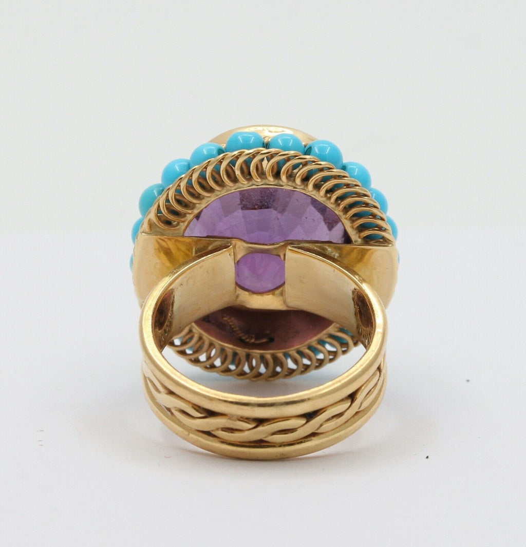 Vintage 18K Huge Amethyst Turquoise Statement Ring