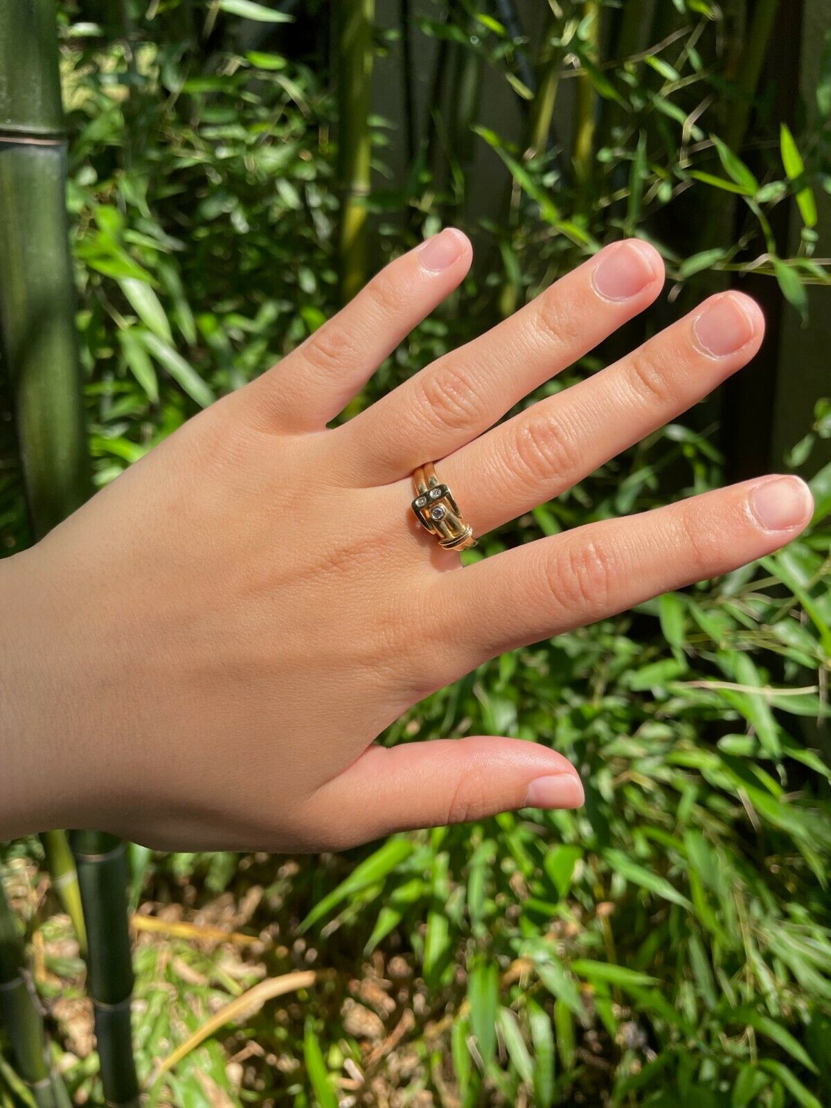 Vintage Estate Belt Buckle Diamond 14K Yellow Gold Ring Band, Stacking Ring.