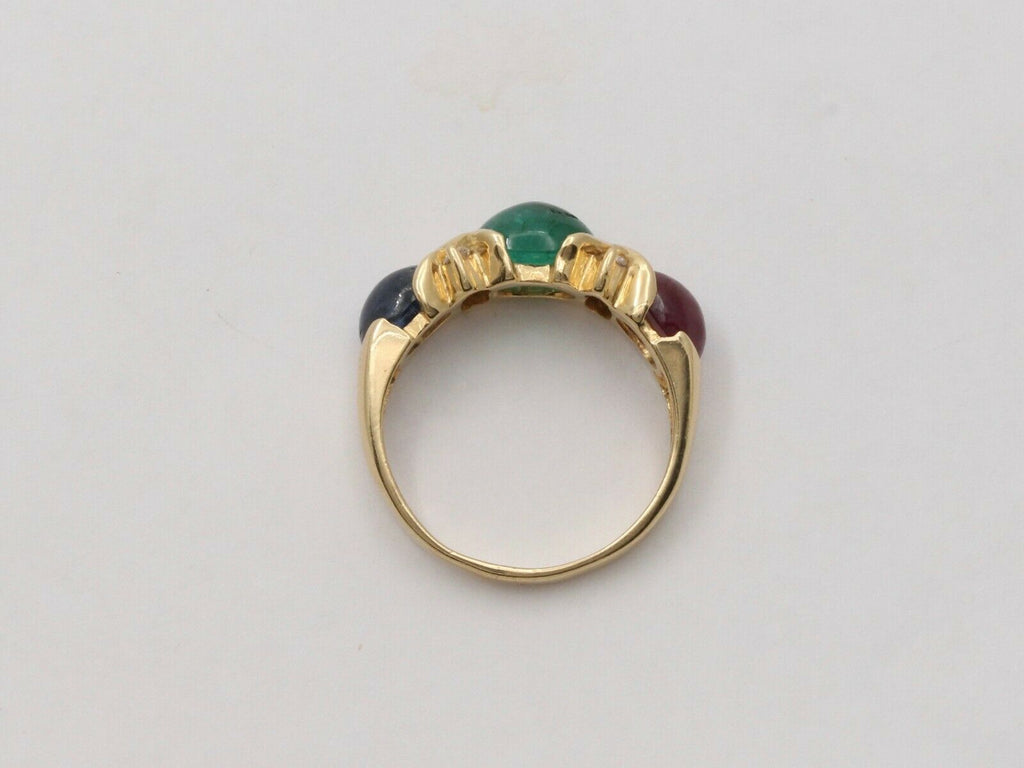 Vintage Three Stones Cabochon Emerald, Ruby And Sapphire 14K Yellow Gold Ring