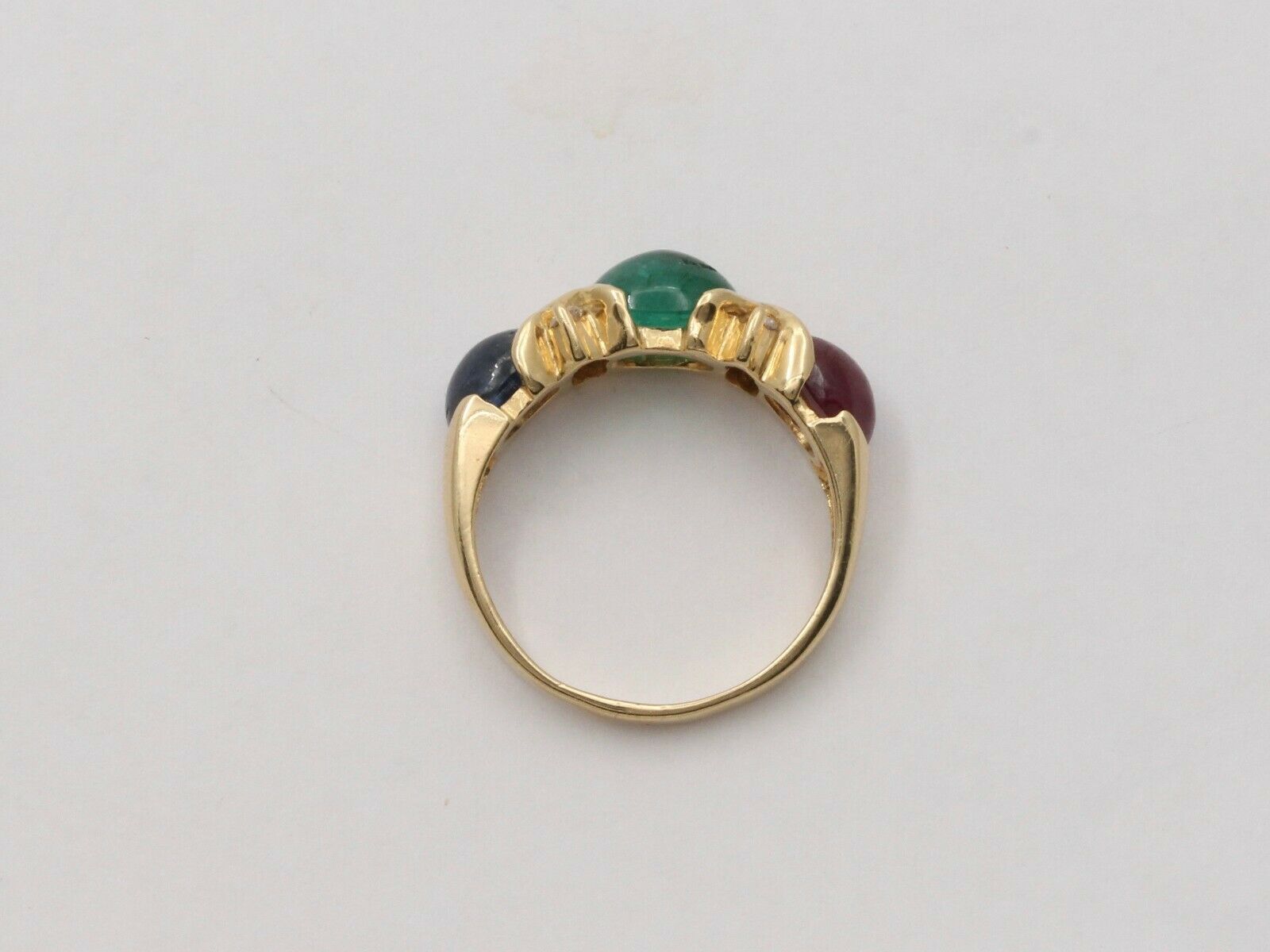 Vintage Three Stones Cabochon Emerald, Ruby And Sapphire 14K Yellow Gold Ring