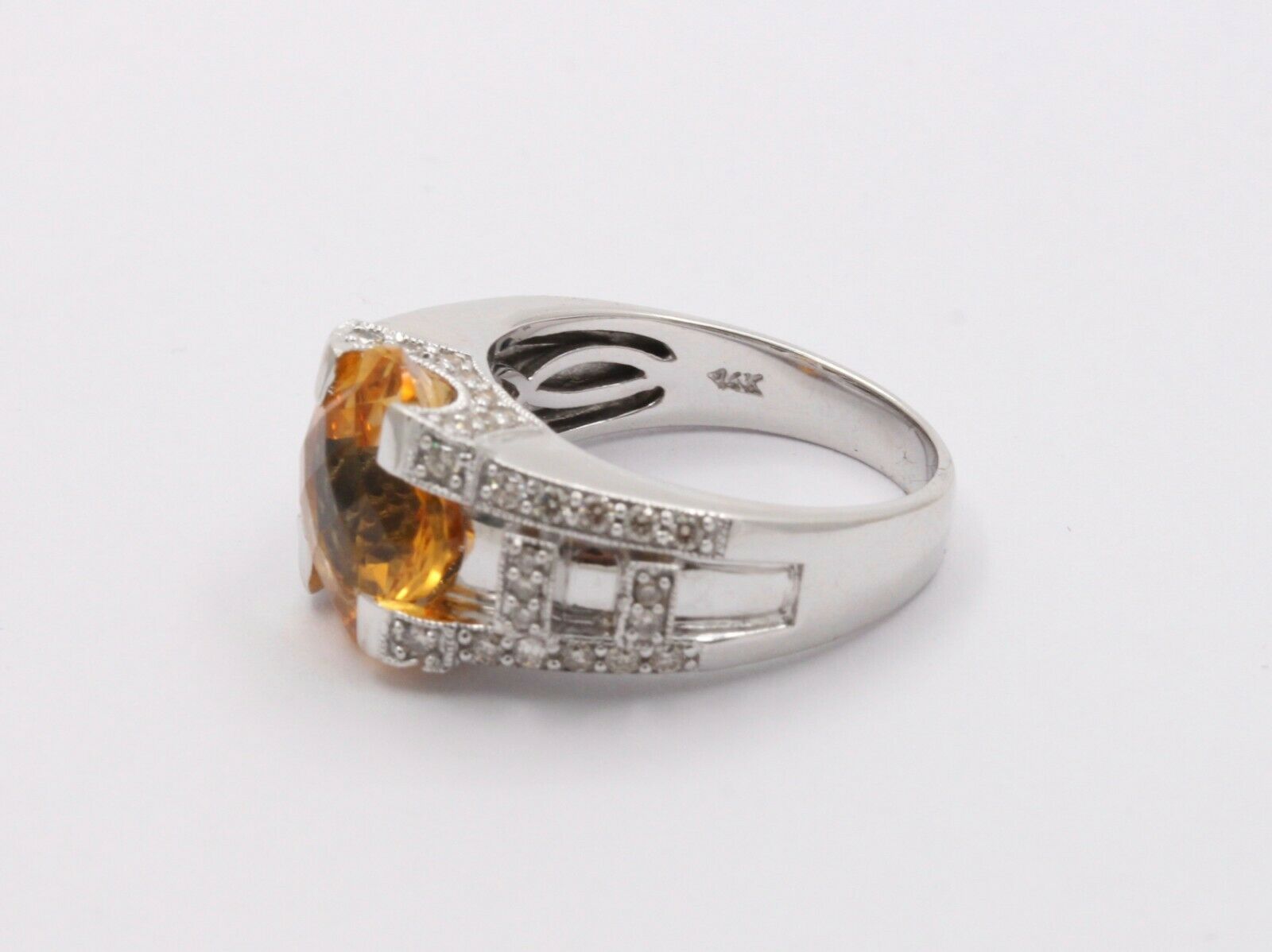 Unique Clover Shape Checkerboard Cut Citrine 14K White Gold Diamond Ring , Engag