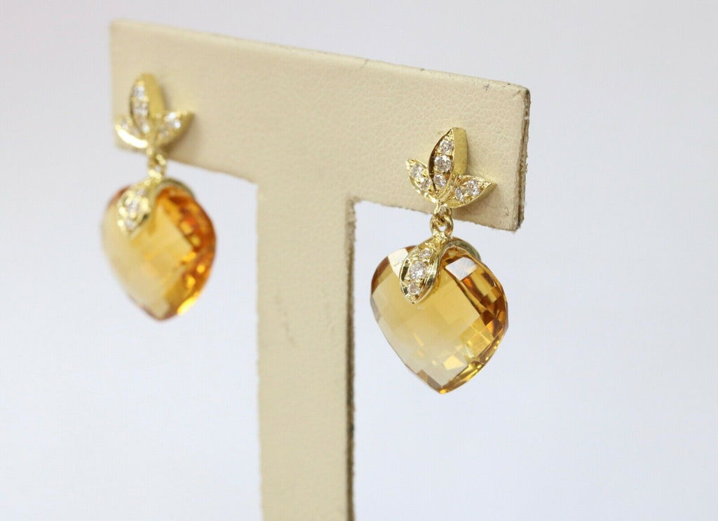 Vintage Ladies Heart Cut Citrine Diamonds 18K Yellow Gold Earrings