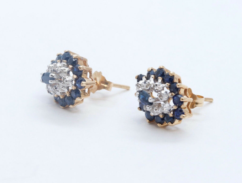 Vintage Ladies Blue Sapphire Diamonds 10K Yellow Gold Cluster Earrings