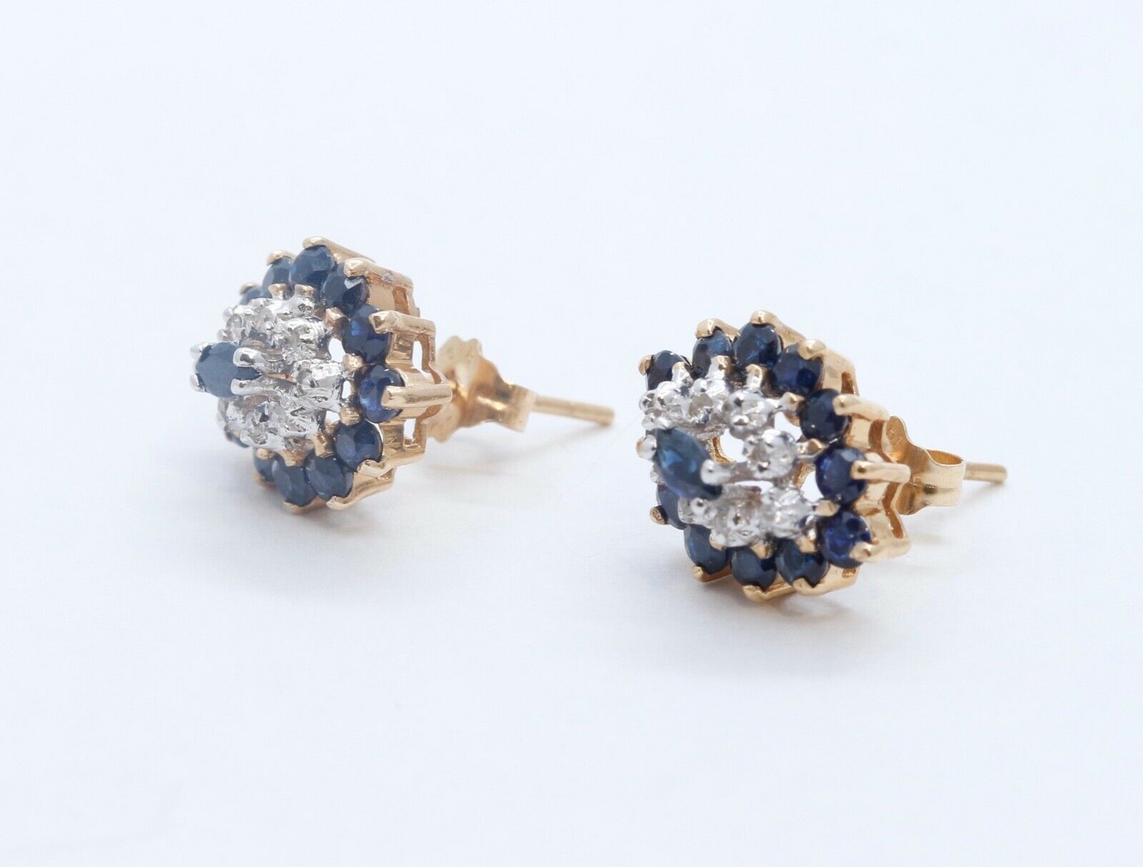 Vintage Ladies Blue Sapphire Diamonds 10K Yellow Gold Cluster Earrings