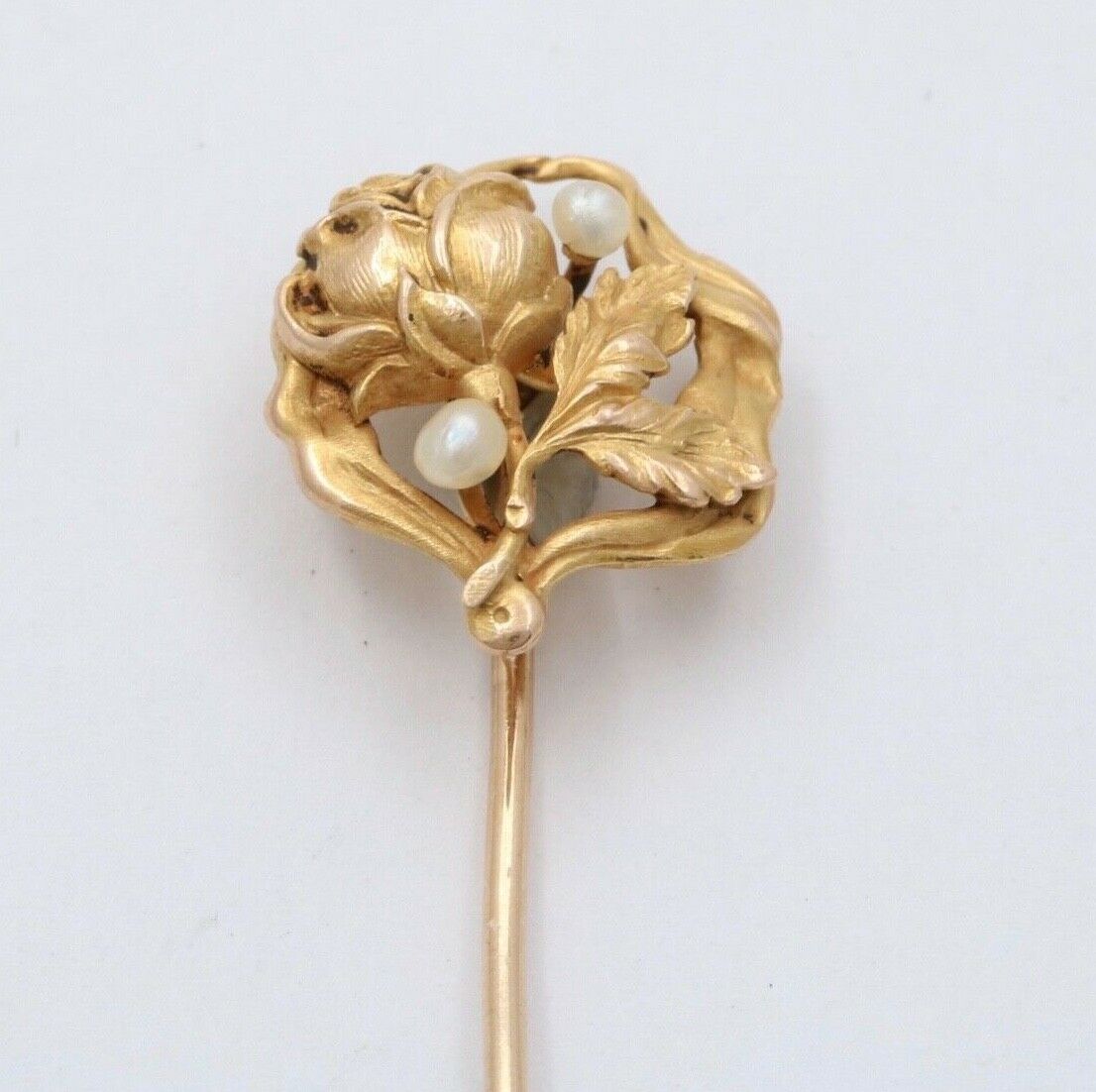 Antique Art Nouveau 10K Yellow Gold Seed Pearl Rose Stick Pin.