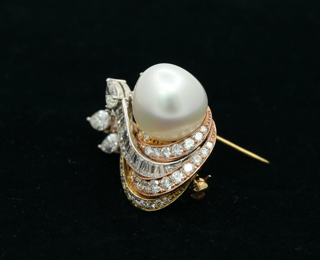 Vintage 14K Rose Yellow White Gold Diamonds 12.6MM Pearl Brooch Pin