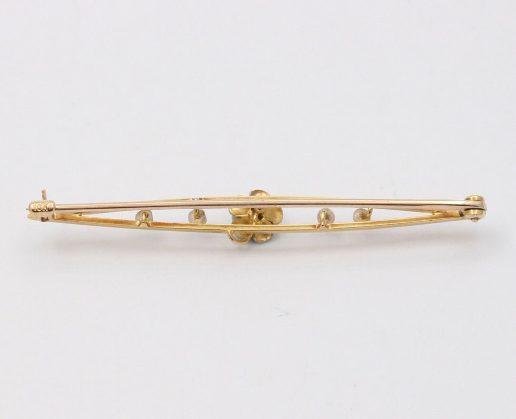 Antique Art Nouveau 10k Yellow Gold Forget Me Not Pearl Enamel Bar Pin
