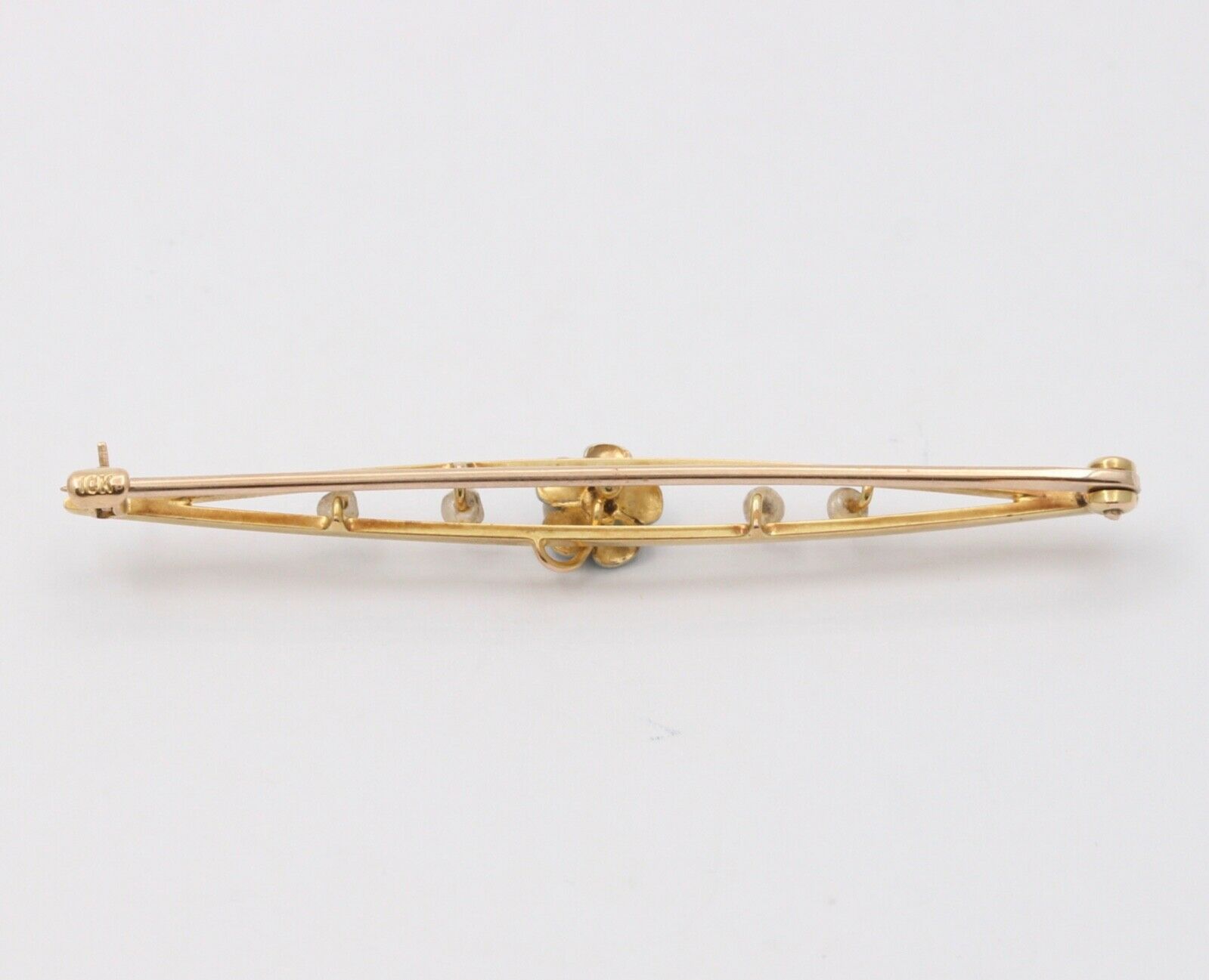 Antique Art Nouveau 10k Yellow Gold Forget Me Not Pearl Enamel Bar Pin