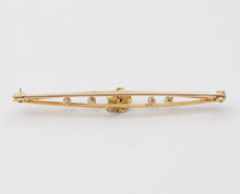 Load image into Gallery viewer, Antique Art Nouveau 10k Yellow Gold Forget Me Not Pearl Enamel Bar Pin
