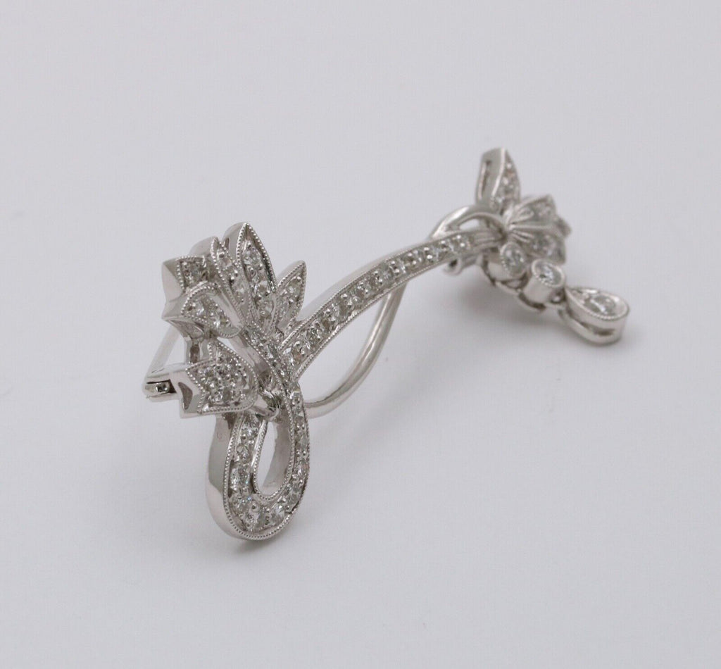 Vintage 18K White Gold Flower Diamond Brooch, Pin.
