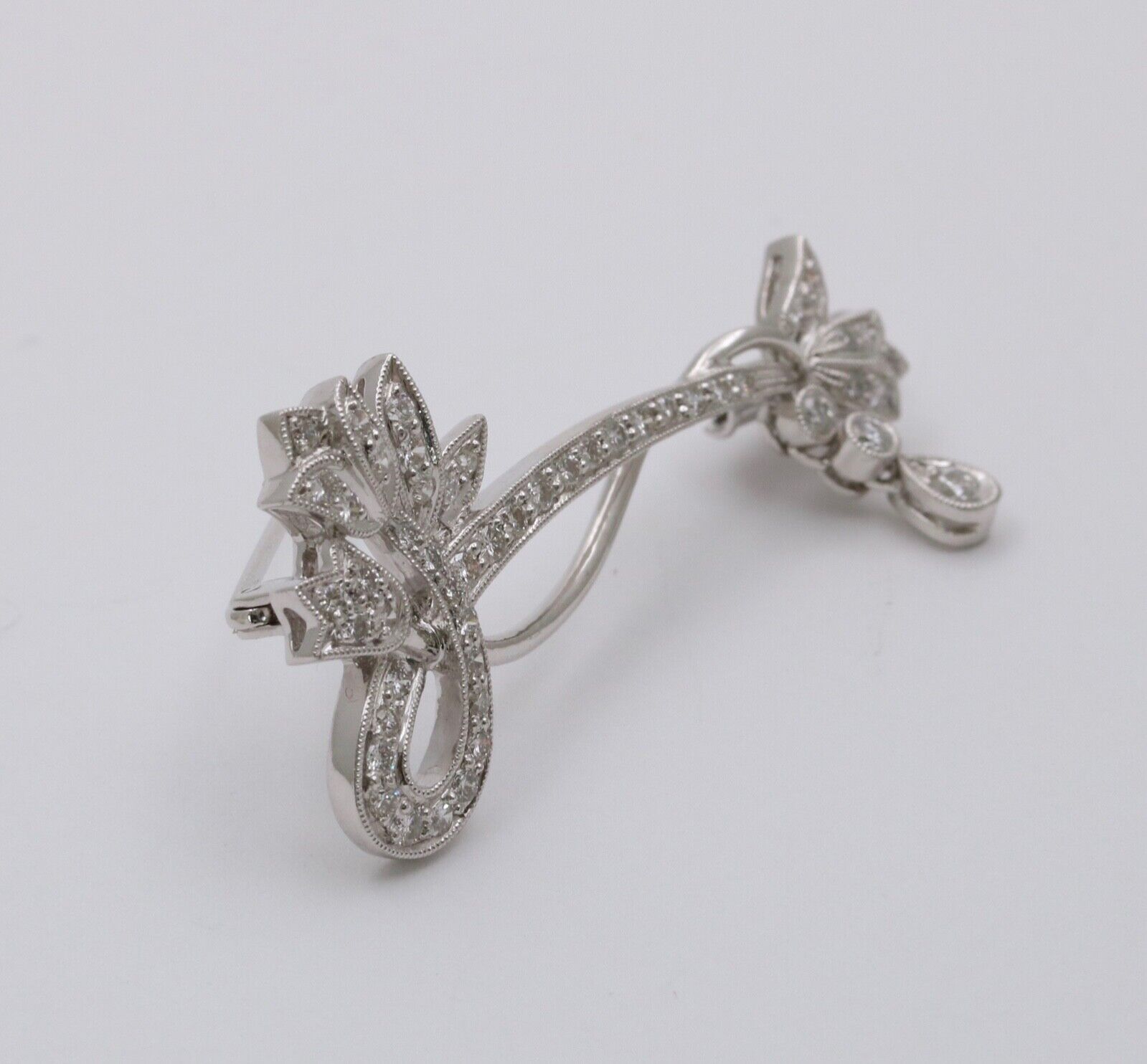 Vintage 18K White Gold Flower Diamond Brooch, Pin.