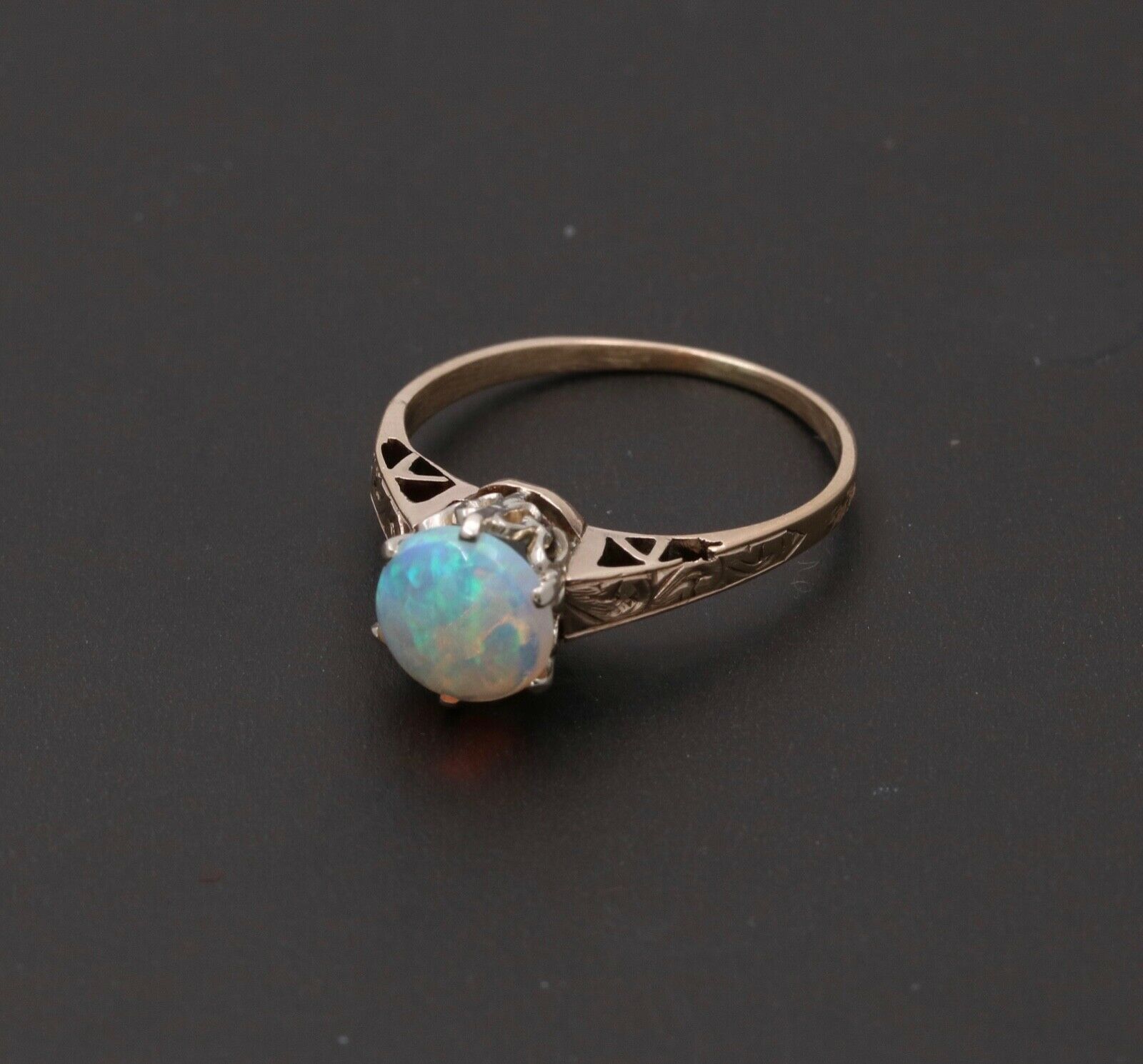 Art Deco Watery Translucent Opal 10K Yellow Gold Ring
