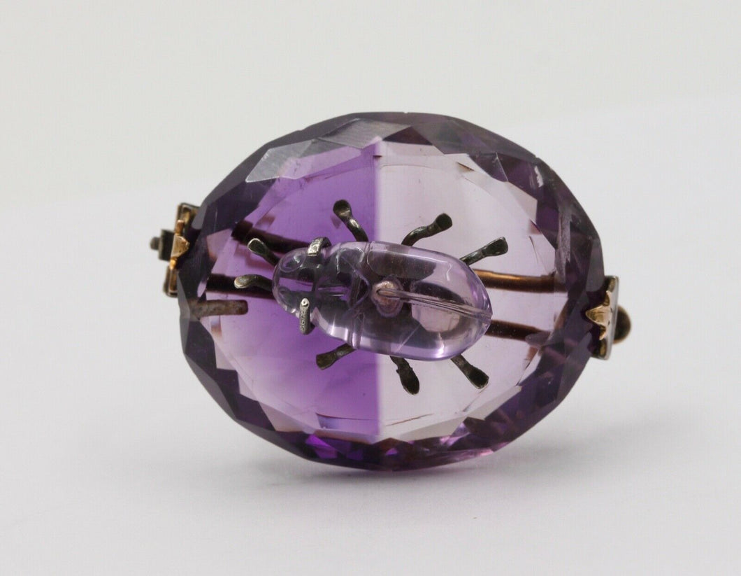 Victorian Scarab Bettle Carved Amethyst 14K yellow Gold Brooch Pin