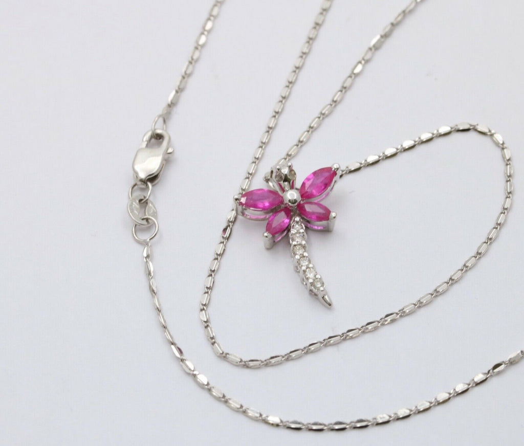 Sweet 14K White Gold Ruby Diamond Dragonfly Pendant Necklace
