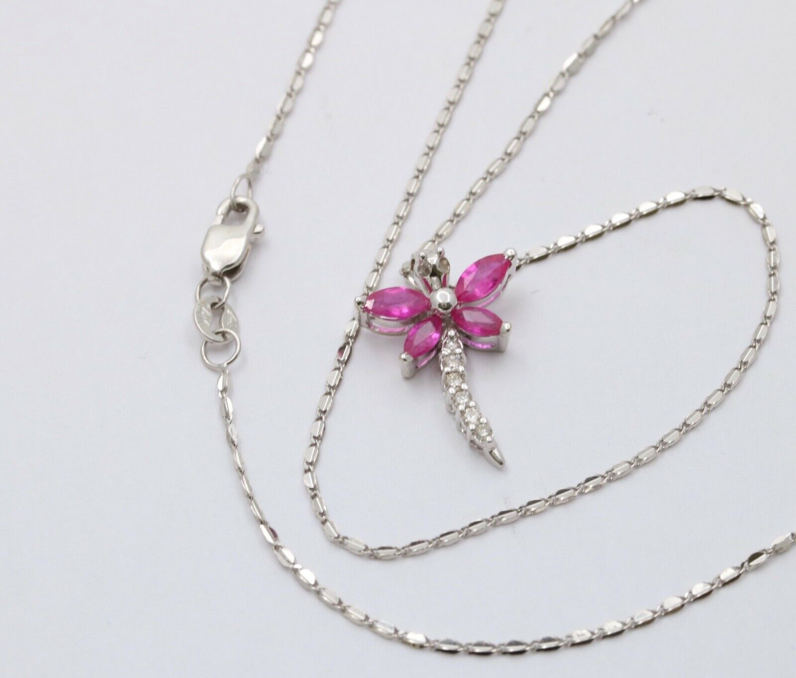 Sweet 14K White Gold Ruby Diamond Dragonfly Pendant Necklace