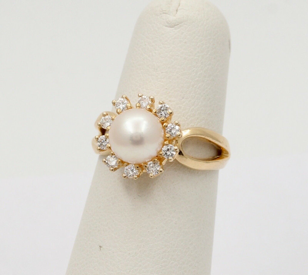 Mikimoto Vintage Pearl Diamonds 14K Yellow Gold Ring
