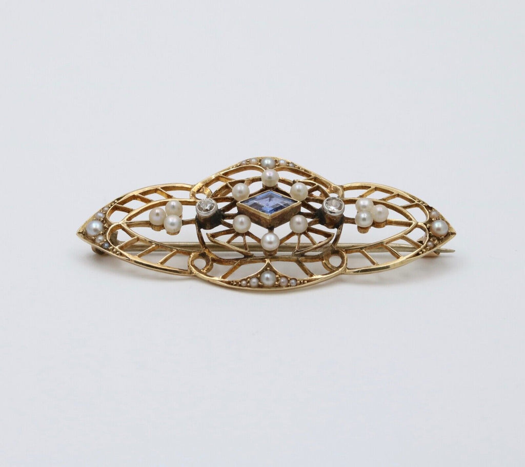 Art Deco Synthetic Sapphire Diamonds Seed Pearls 14K YG Brooch Pin