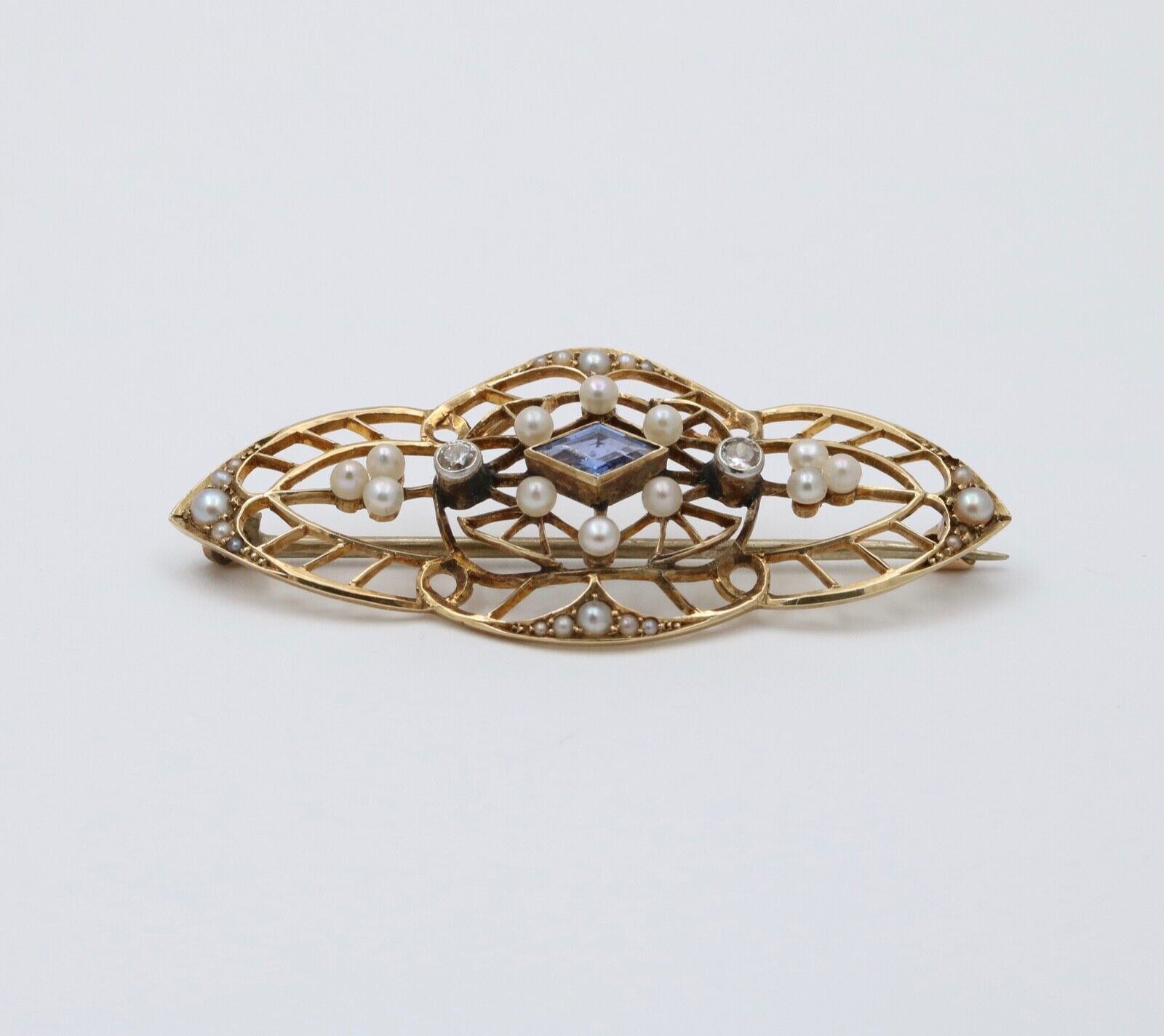 Art Deco Synthetic Sapphire Diamonds Seed Pearls 14K YG Brooch Pin