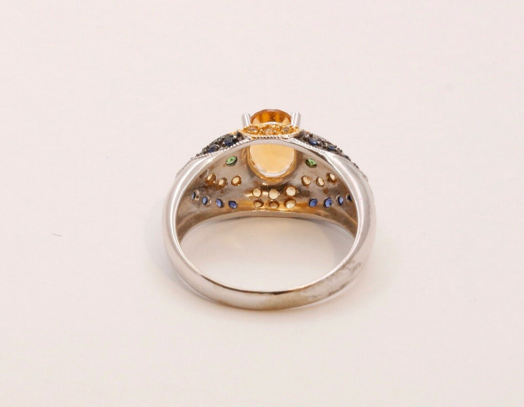 Citrine Blue Sapphires Cocktail Ring 14K White Yellow Gold Ring