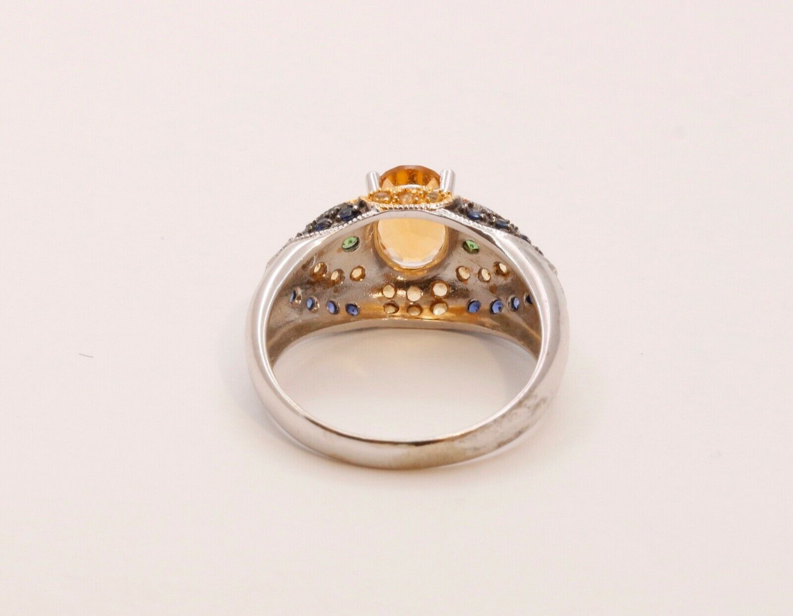 Citrine Blue Sapphires Cocktail Ring 14K White Yellow Gold Ring