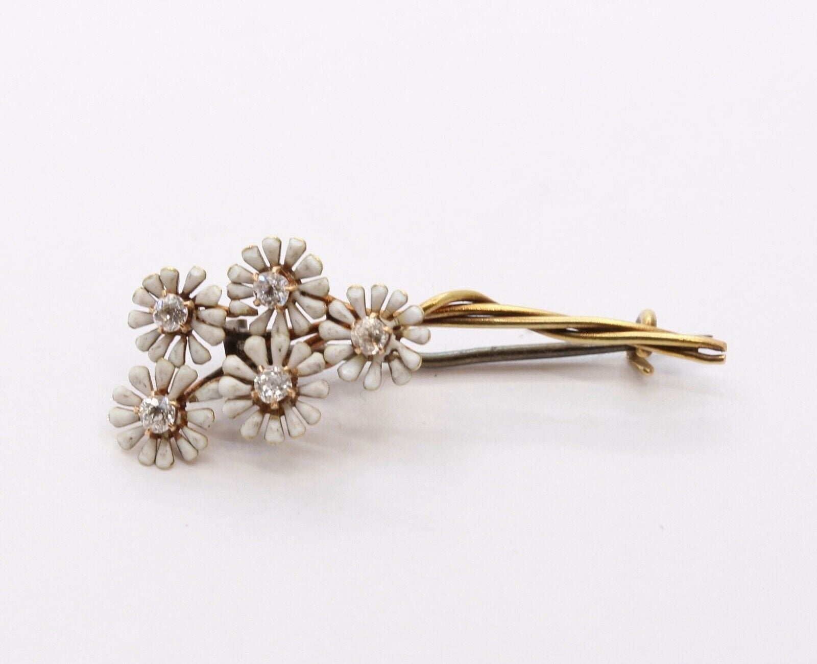 Vintage Diamonds Flowers Enamel 14K Yellow Gold Brooch Pin