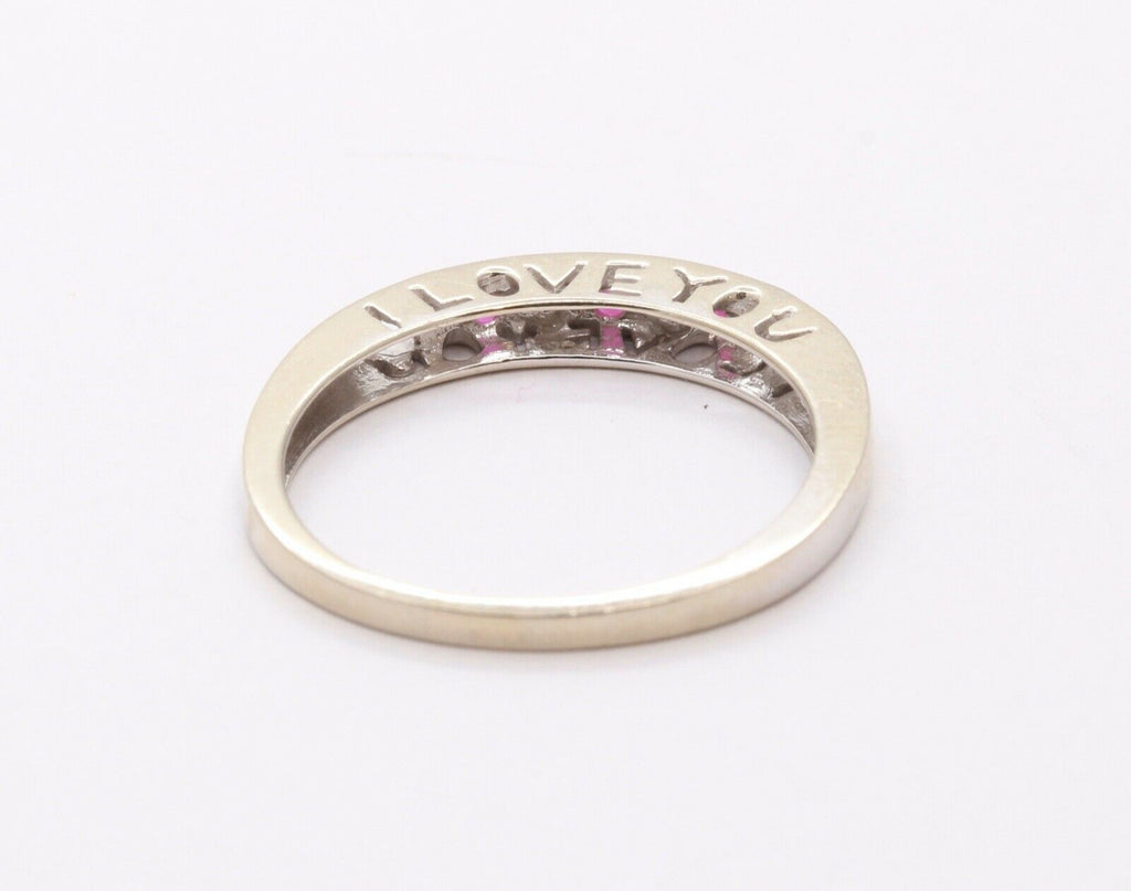 Vintage "I Love You" Ring with Rubies and Diamonds 10K White Gold with Hearts