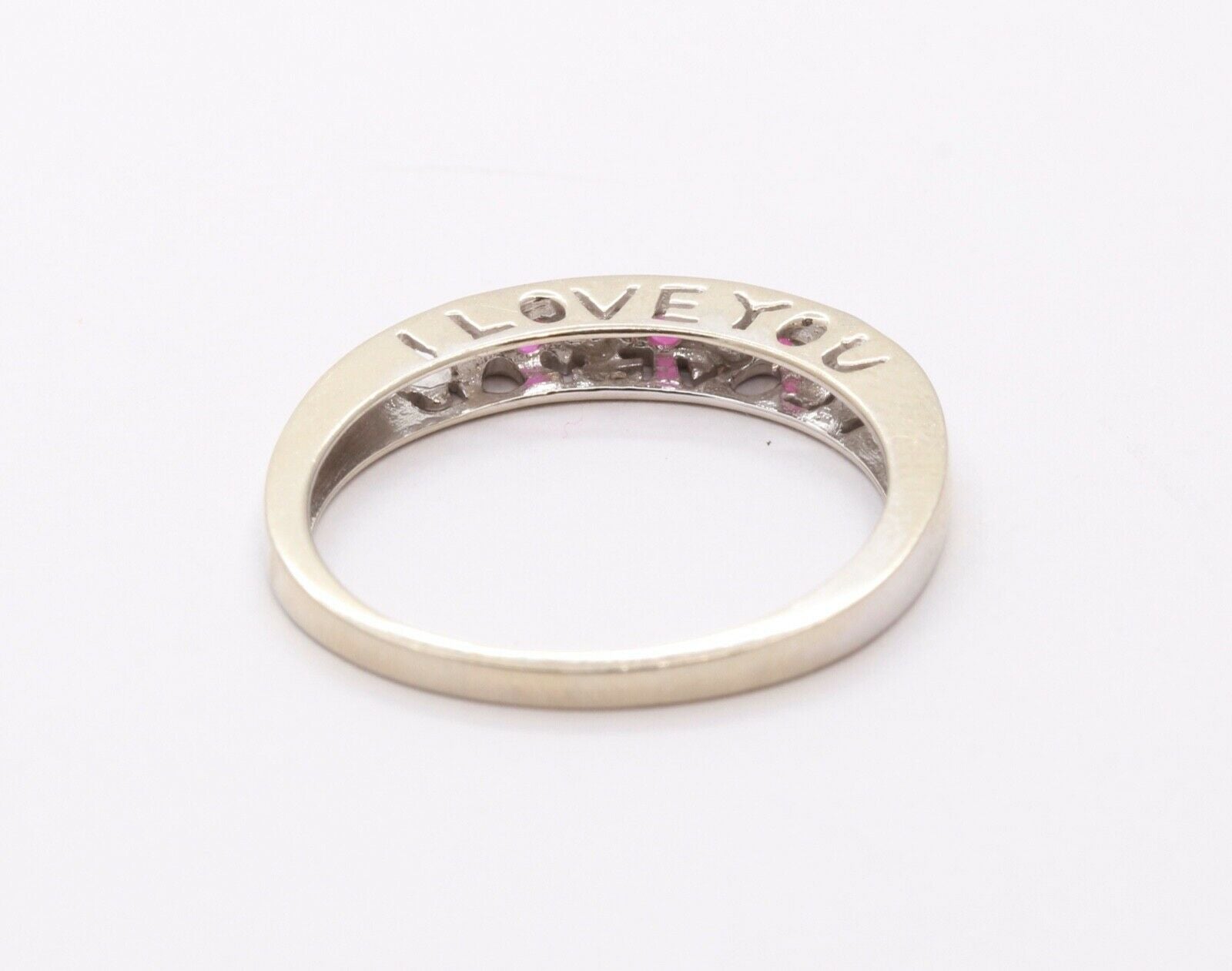 Vintage "I Love You" Ring with Rubies and Diamonds 10K White Gold with Hearts