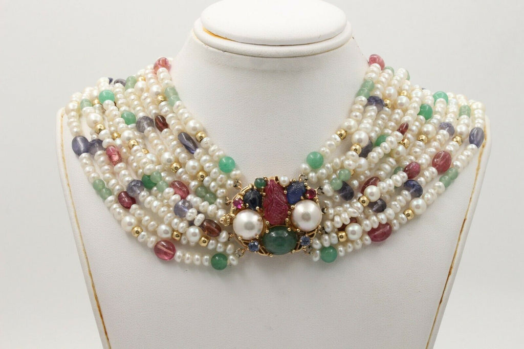Vintage Beaded Pearl, Ruby, Sapphire and Aventurine Multi Strings Necklace