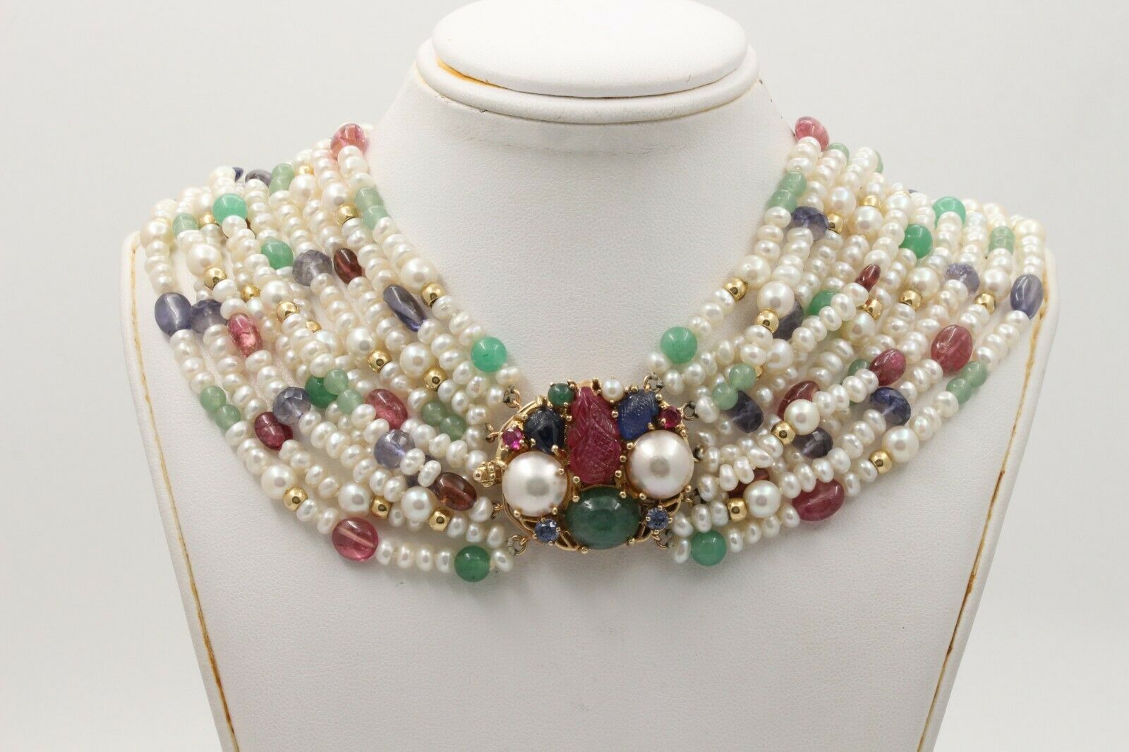 Vintage Beaded Pearl, Ruby, Sapphire and Aventurine Multi Strings Necklace