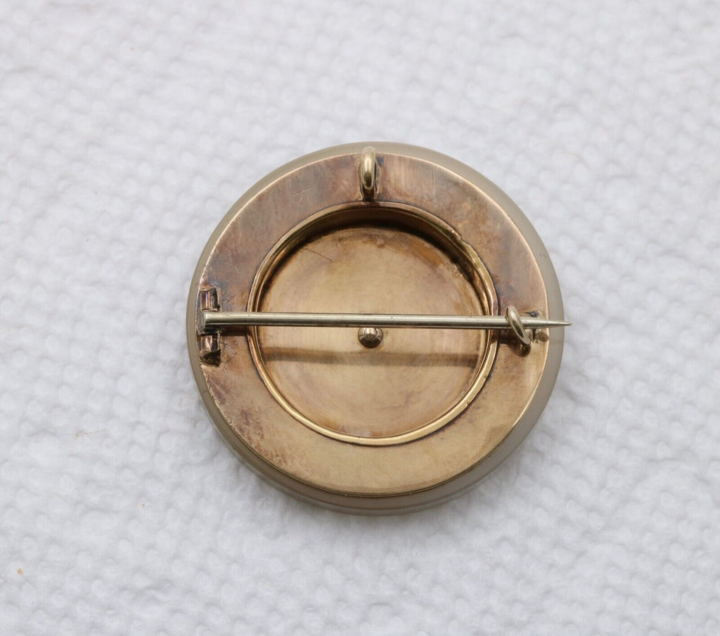 Antique 14K Yellow Gold White Agate Desic Black Enamel Brooch, Pendant
