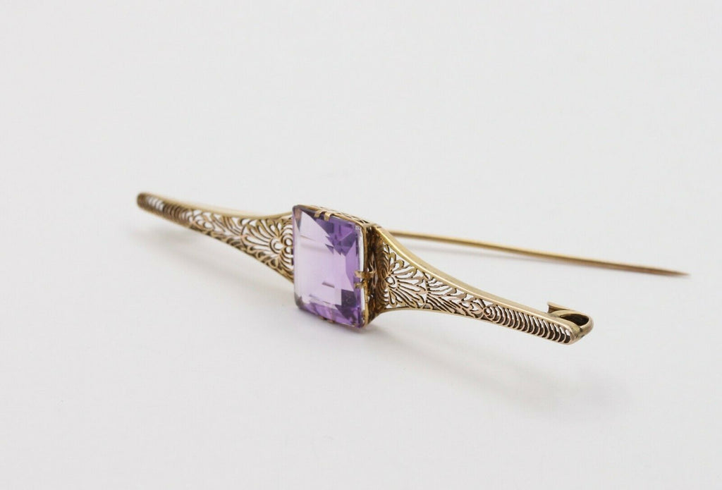 Antique Art Deco Amethyst 10K Yellow Gold Filigree Bar Pin
