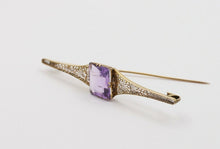 Load image into Gallery viewer, Antique Art Deco Amethyst 10K Yellow Gold Filigree Bar Pin
