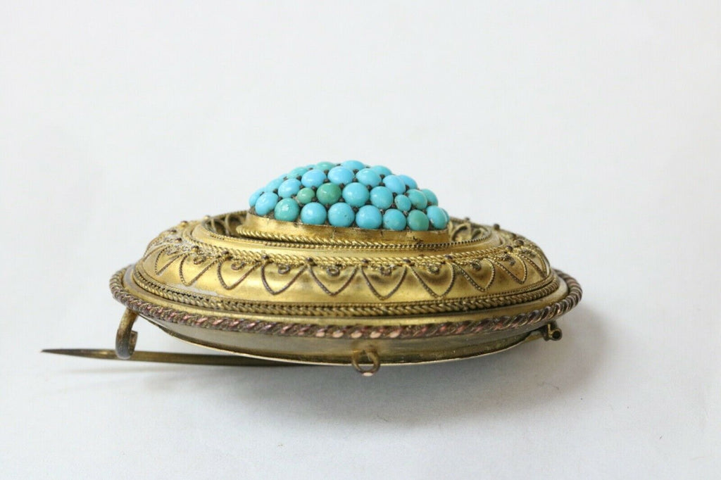 Victorian Etruscan Revival Momento More 9K Yellow Gold Turquoise Brooch Pin