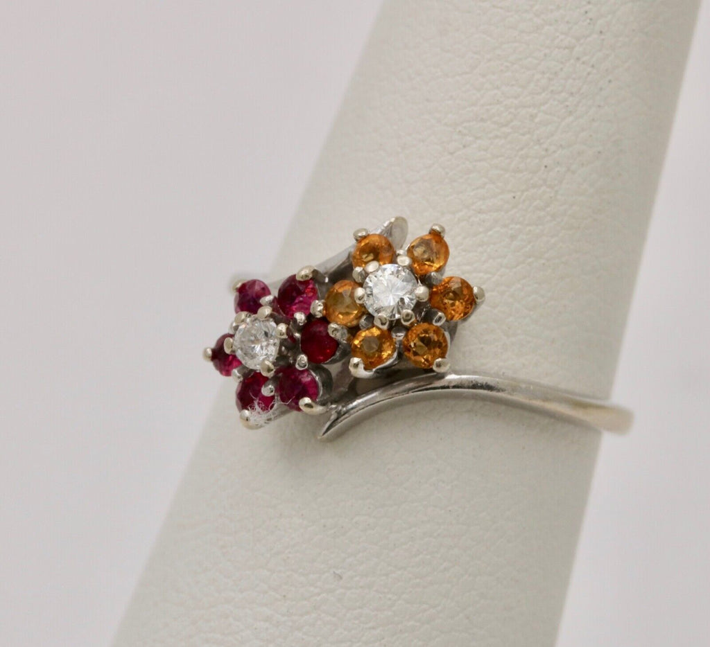 Vintage Flower Multi Stone 14K White Gold Ring