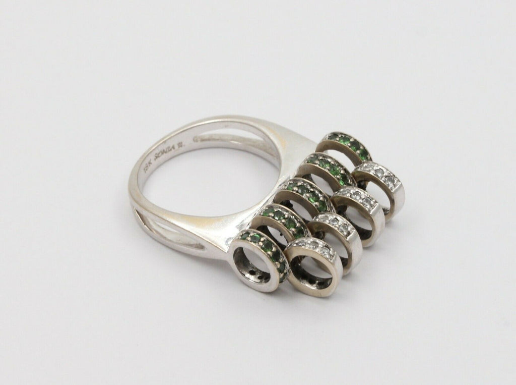 Sonia B 18K White Gold Interactive Diamonds and Green Garnet Movable Ring Band.