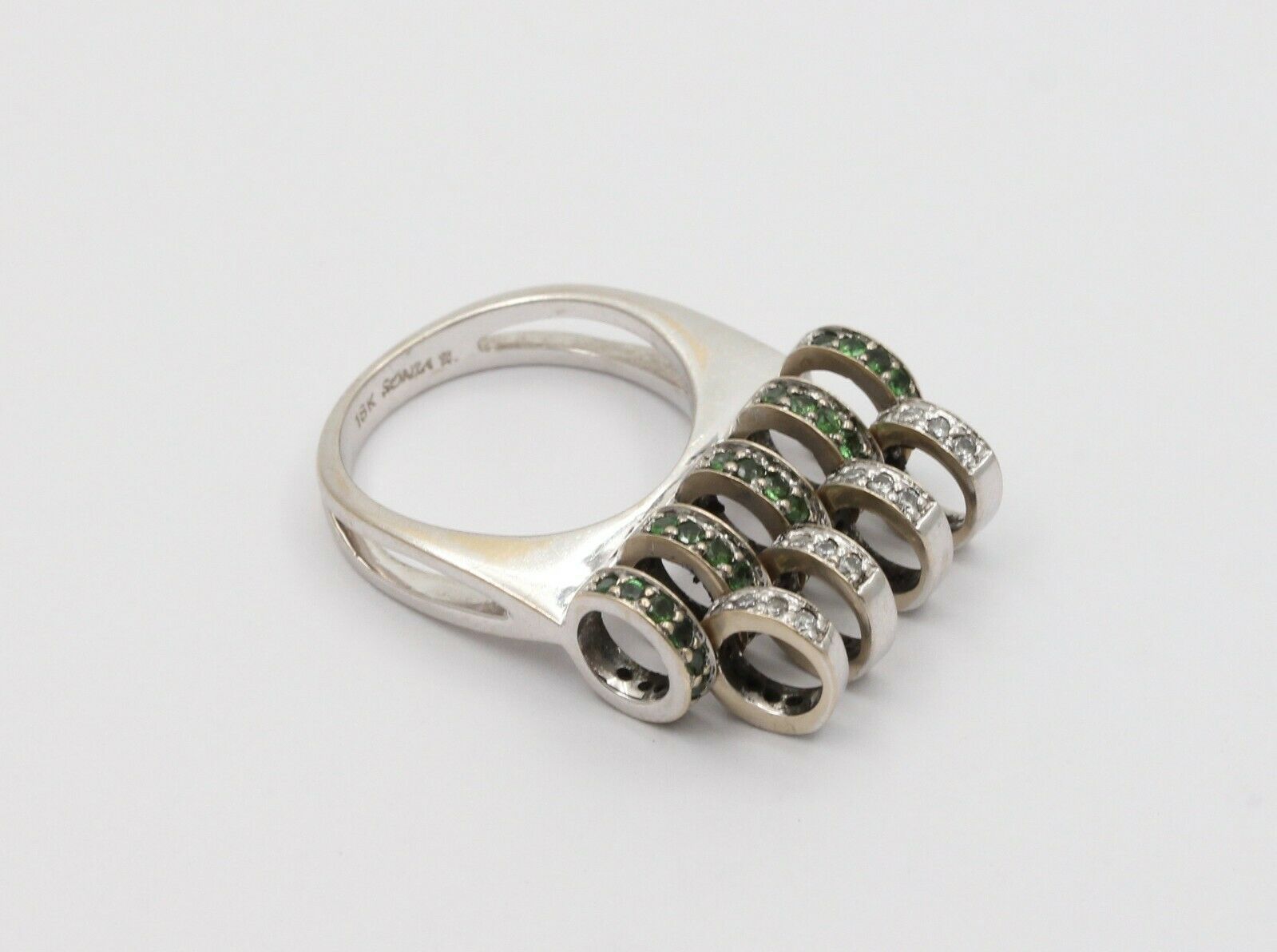 Sonia B 18K White Gold Interactive Diamonds and Green Garnet Movable Ring Band.