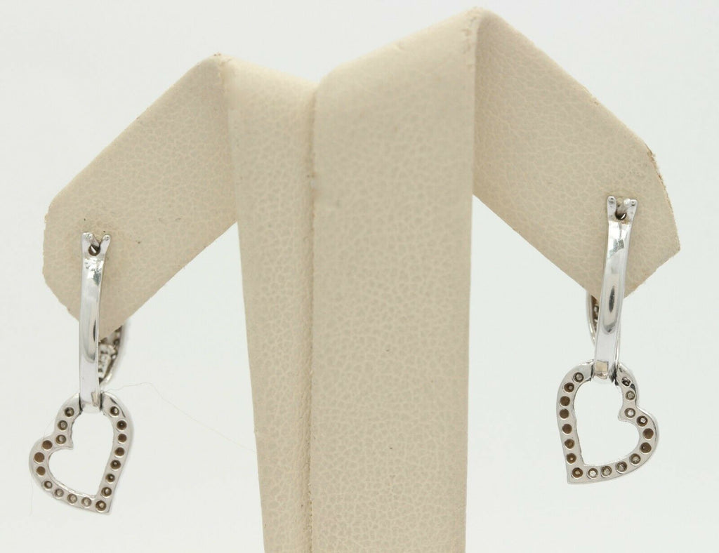 Vintage 10K White Gold Diamond Heart Drop Earrings