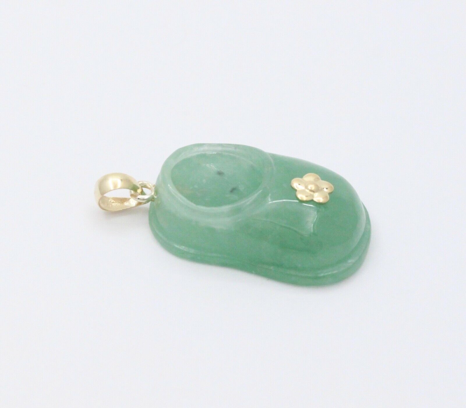 Vintage Translucent Green Jade Shoe Pendant 14K Yellow Gold