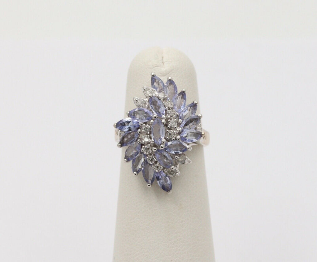 Vintage Tanzanite Diamonds 14K White Gold Pinwheel Cluster Ring