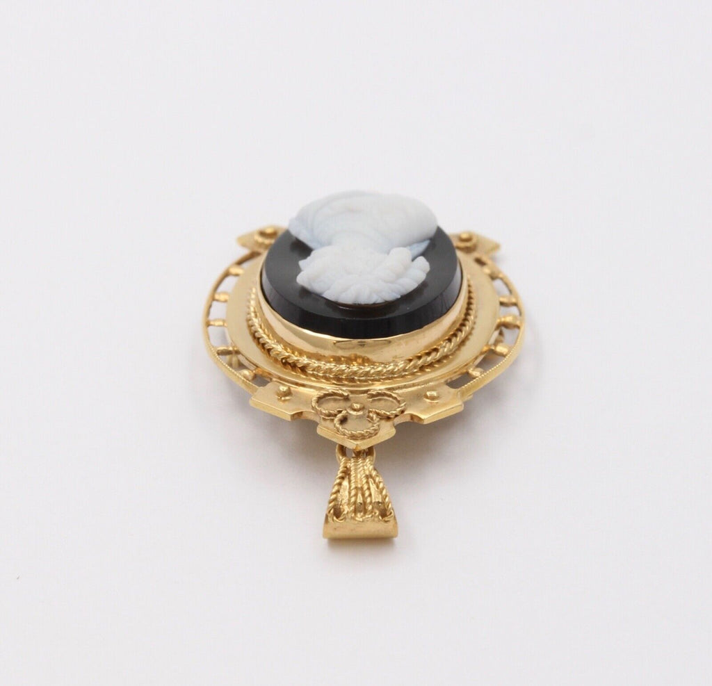 Antique 10K Yellow Gold Onyx Cameo Pendant Brooch