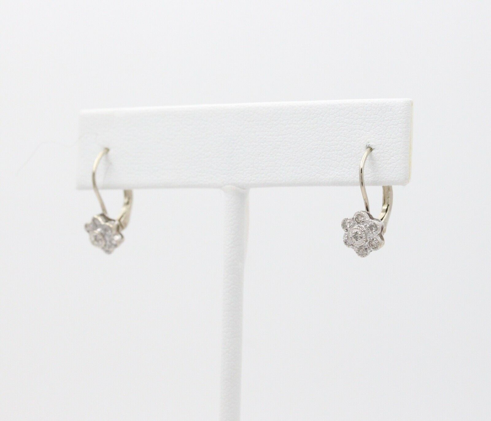 Sweet 14K White Gold Floral Round Cut Diamond Earrings