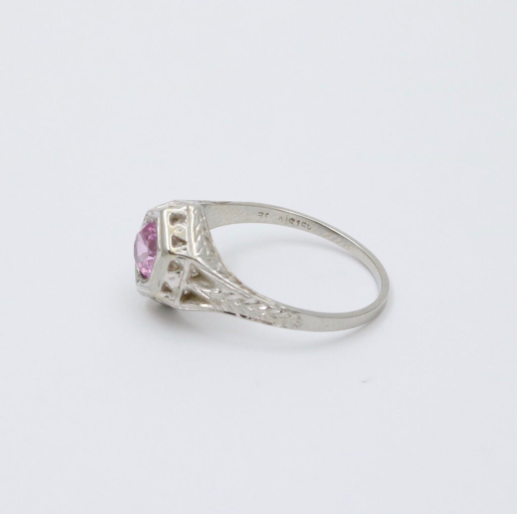 Art Deco 18K White Gold Pink Sapphire Filigree Ring Band, Engagement Ring
