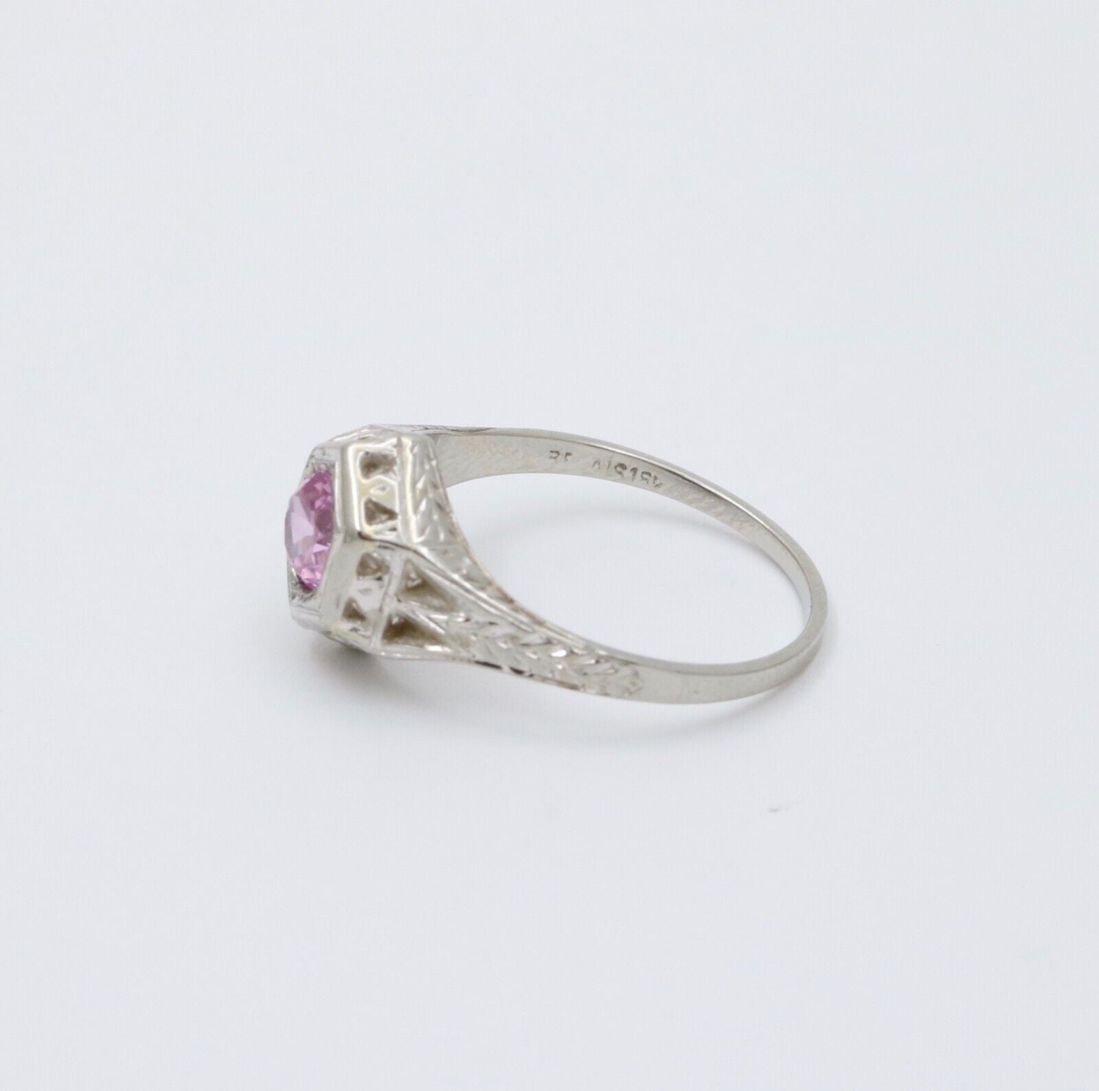 Art Deco 18K White Gold Pink Sapphire Filigree Ring Band, Engagement Ring