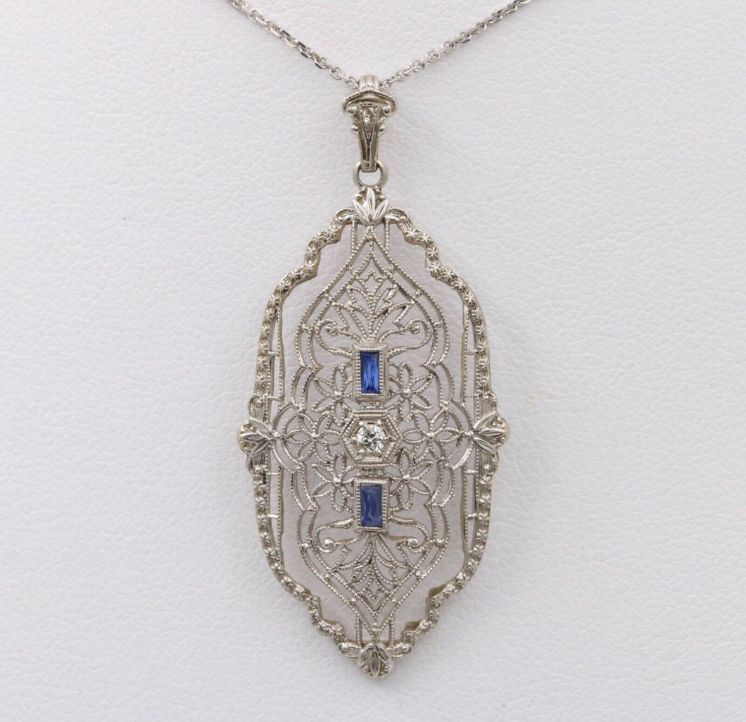 Art Deco 14K White Gold Filigree Pendant, Necklace